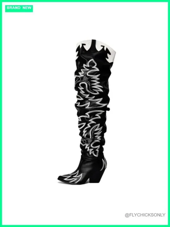 Thigh High Over The Knee Western Cowboy Cowgirl Boots Chunky Block Heel Pull On
