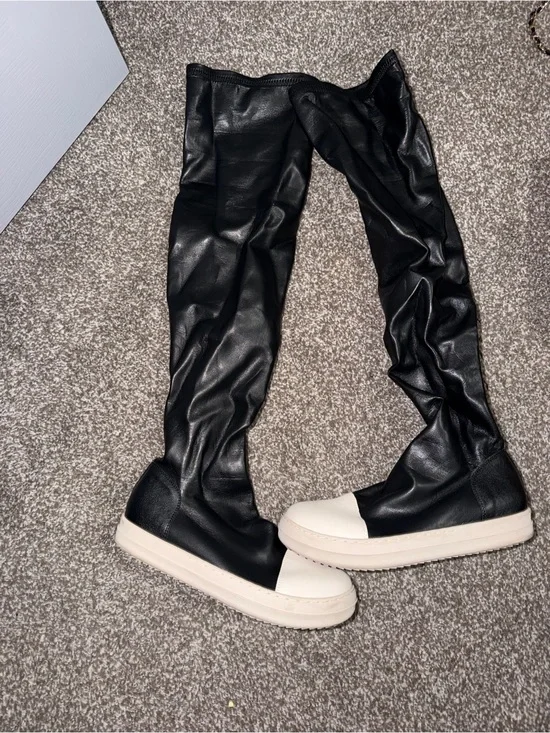 Black Over-the-Knee Faux Leather Boots with White Toe Cap