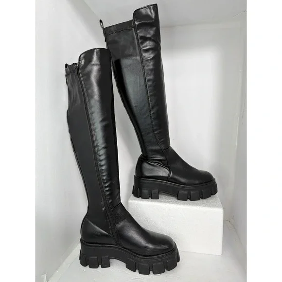 Nasty Gal Black Faux Leather Chunky Platform Over The Knee Lug Sole Boots Size 8