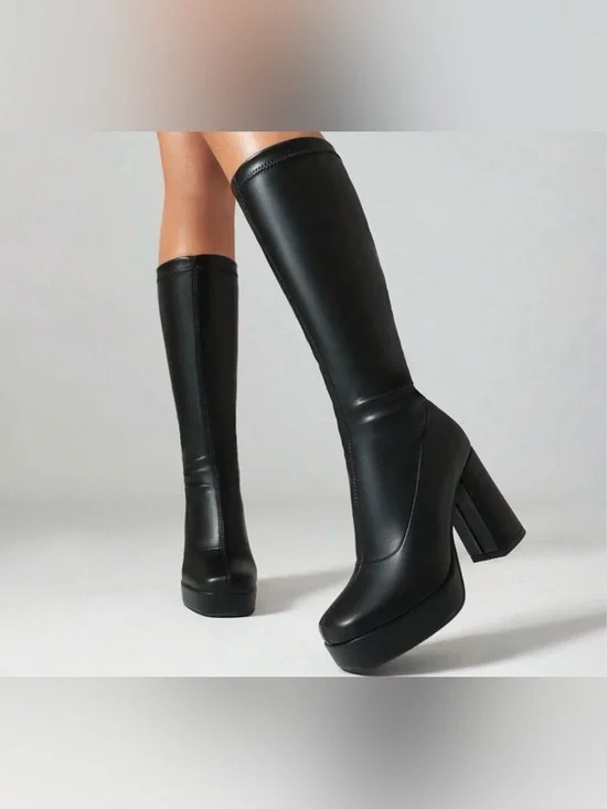 Women's Black Over-the-Knee Platform Block Heel Boots Size 42= US 9-9.5