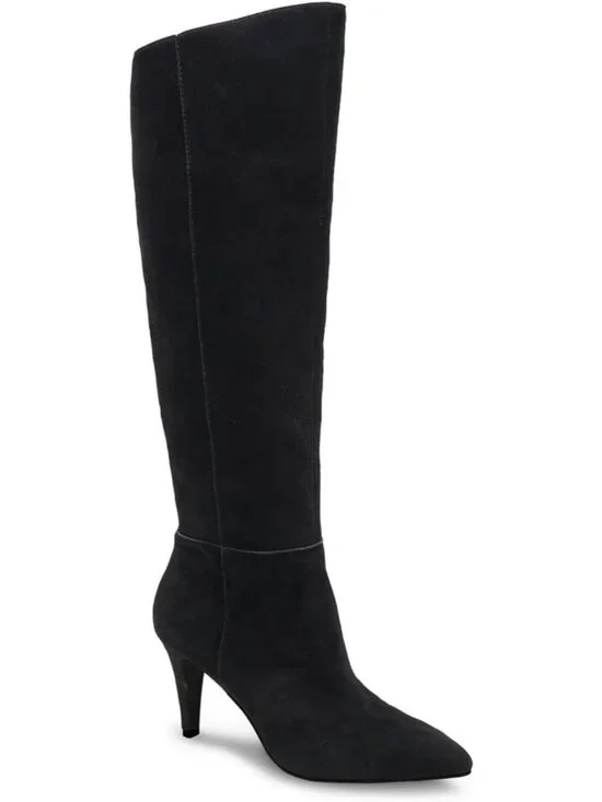 Women's Black Faux Suede Wide Calf Pointed Toe Stylish Side Zipper Long Boots