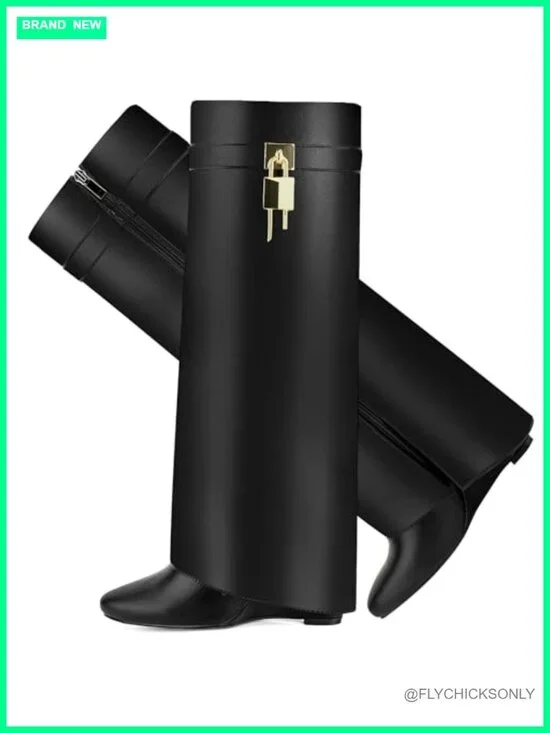 Fold Over Over-the-Knee Wedge Boots Faux Leather Side Zipper Padlock