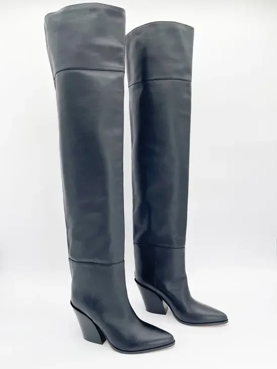 Jimmy Choo Cece 80 Black Pointed Toe Over the Knee Block Heel Boots IT 38.5