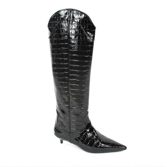 Anine Bing Black Croc-Embossed Knee-High Boots size 38
