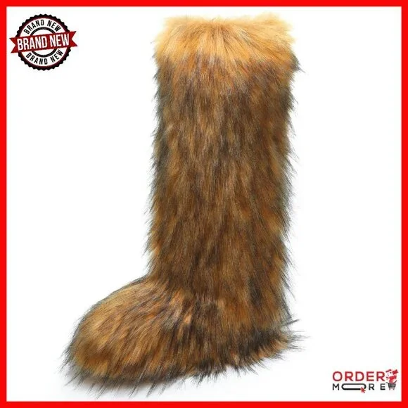 Women's Knee High Faux Fur Boots Winter Snow Flat Warm Fluffy