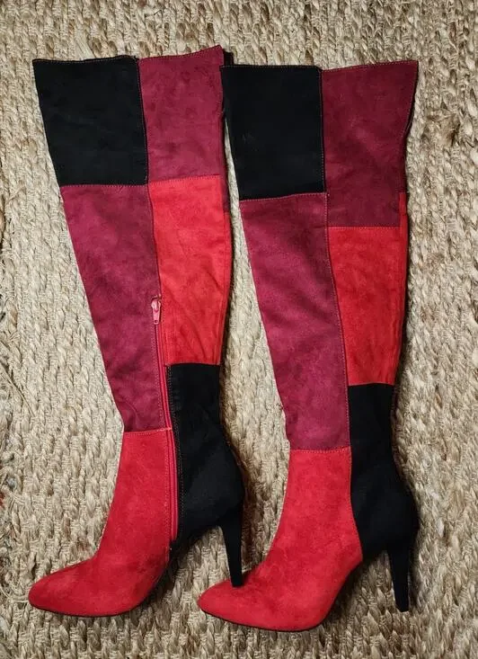 Rialto Carpio Tall Over Knee Suede Boots Red Black Colorblock Heeled Size 9.5 M