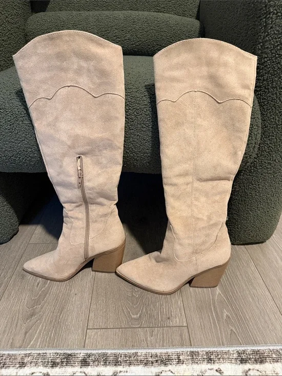 Over-the-Knee Suede Block Heel Boots - Light Beige