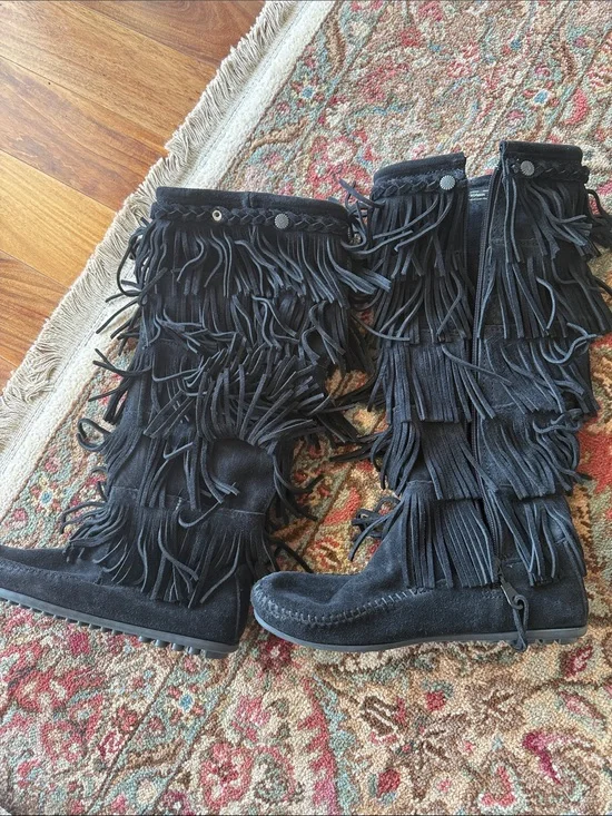 Minnetonka Black Suede Over-the-Knee Fringe Boots
