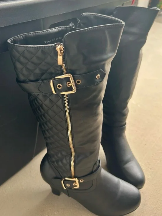 TOP Moda Black Quilted Over-the-Knee Boots with Gold Buckles