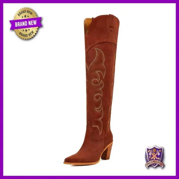Knee High Cowboy Boots Chunky Heel Western Pull On Tab Stylish Retro