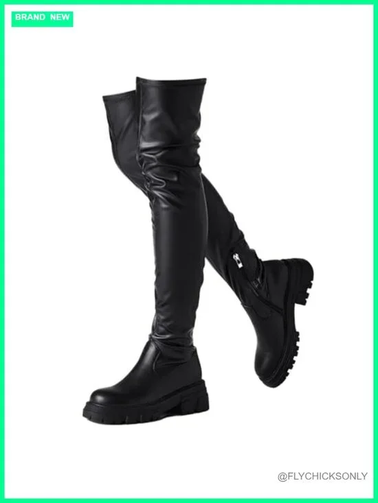 Faux Leather Stretchy Over the Knee Thigh High Boots Chunky Heels Lug Sole