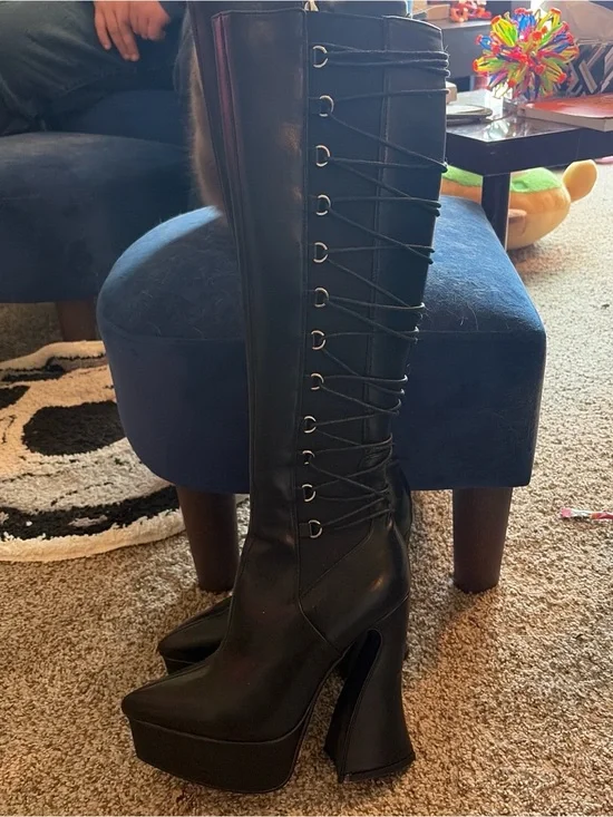 Over-the-Knee Black Lace-Up Platform Boots