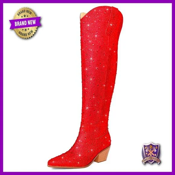 Sparkly Rhinestone Over the Knee Cowboy Boots Western Pull-On Chunky Heel