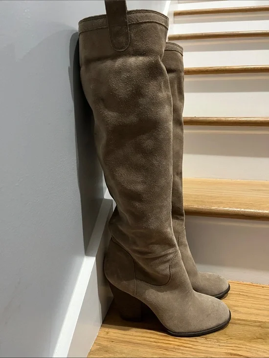 Women's Taupe Suede Knee-High Boots - Stylish Block Heel