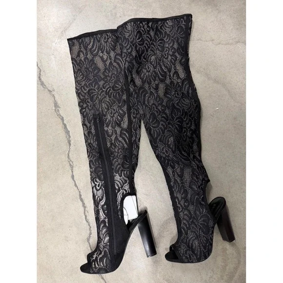 Bamboo Black Floral Lace Thigh High Peep Toe Block Heel Boots Size 7 EU 37