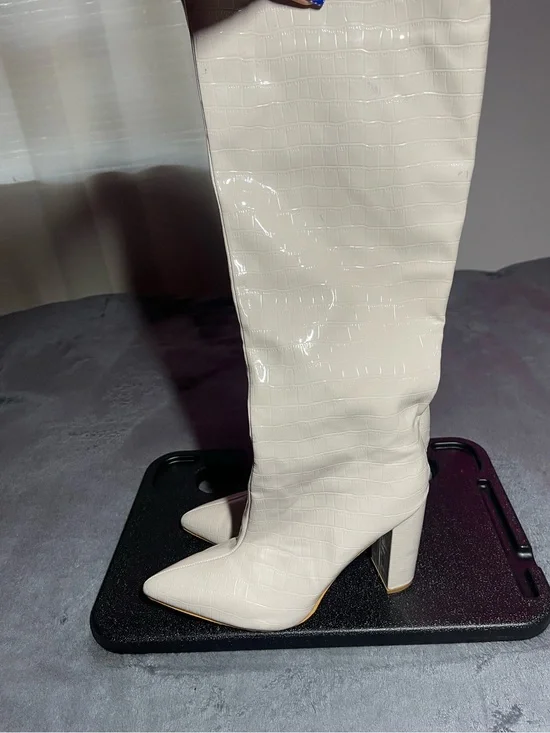 Fashion Nova Cream Croc-Texture Over-The-Knee Pointed Toe Boots