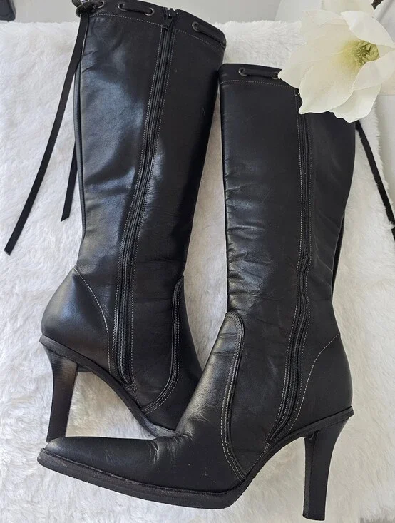 Coach Bella Waxy Calf Black Leather Knee Boots