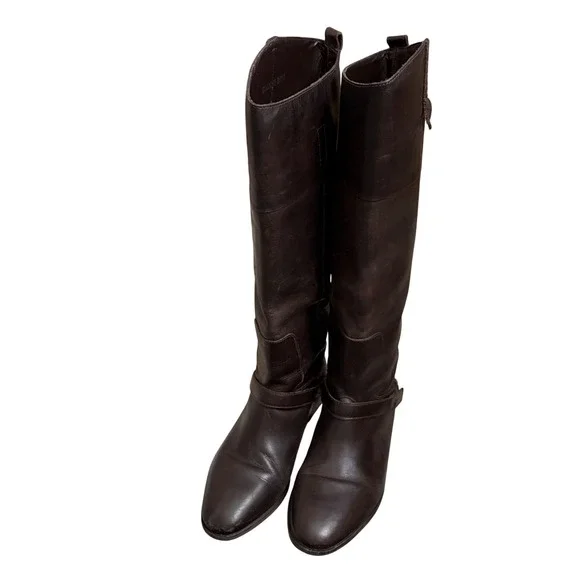 Brown Knee-High Leather Riding Boots Side Strap Gold Buckle Accent Women's Sz 9‎