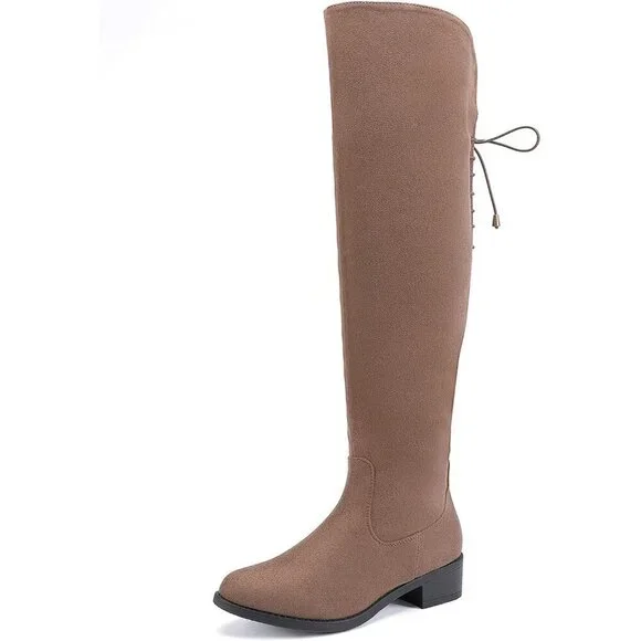 Women's Taupe Faux Suede Over The Knee High Side Zip Block Heel Riding Booties