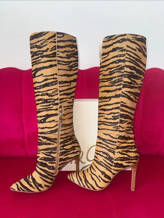 42 GOLD Tan and Black Tiger-Stripe Over-The-Knee Stiletto Boots