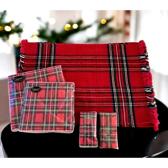 Red Plaid Christmas Paper Napkins CASPARI -5 Red Plaid Christmas Woven Placemats