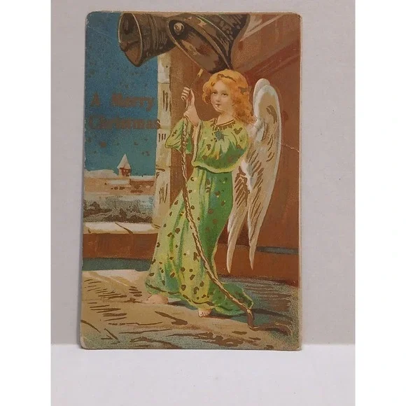 Postcard Merry Christmas Angel Green Dress Ringing Bells Snow S‎ Dattilo & Co C