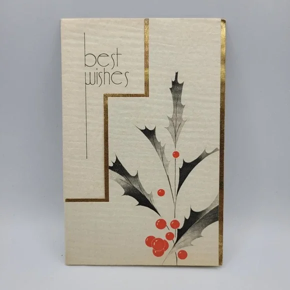 Vintage Best Wishes Christmas‎ Card Linnea & Harold Gold Foil Holly