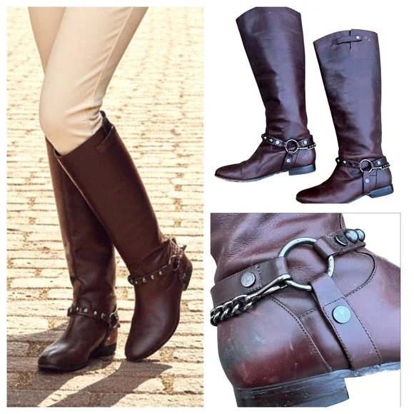 Brown Leather Tall Riding Boots Equestrian Style Size 7.5 Buckle Chain Old Money