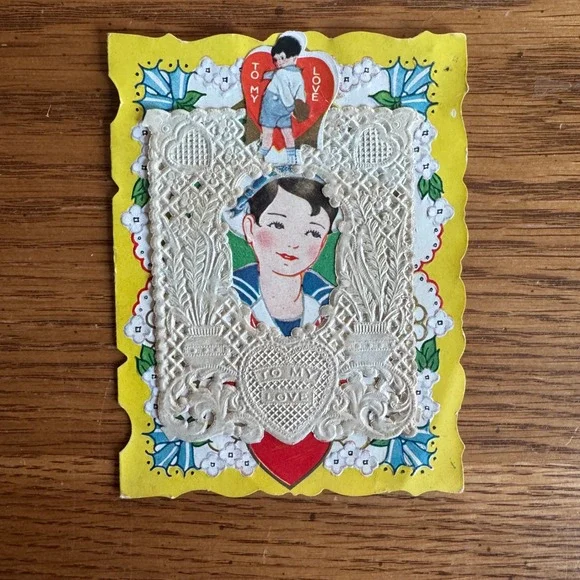 Vintage Valentine Card Boy Sailor‎ Nautical Lace Paper Sweetheart Romantic