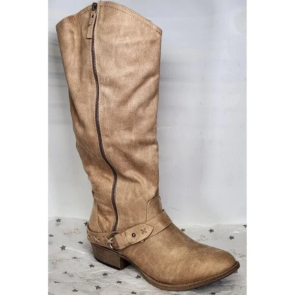 Very G Merlot Boots Women Size 8 Cream Distressed Slouchy Knee High Harness Zip