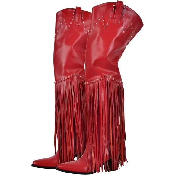 Women Red Synthetic Fringe Thigh High Tassels Wide Calf Over Knee Pointed Boots