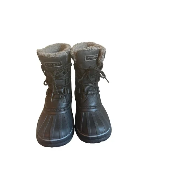 London Fog Big Boys Cheshire Winter Snow Duck Boots Black Faux Fur Lined Size 5