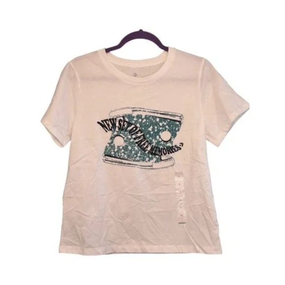 Converse‎ Green High Tops Graphic Tee White Green Knit Short Sleeve L