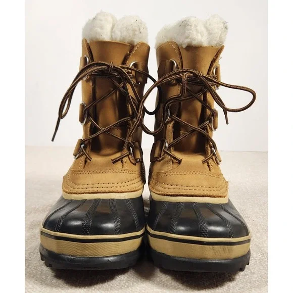 Sorel Caribou Waterproof Winter Snow Boots Youth Size 2 Tan Black Faux Fur