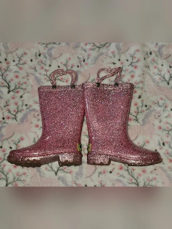 Kids Glitter Pink Rain Boots with Heart Handles