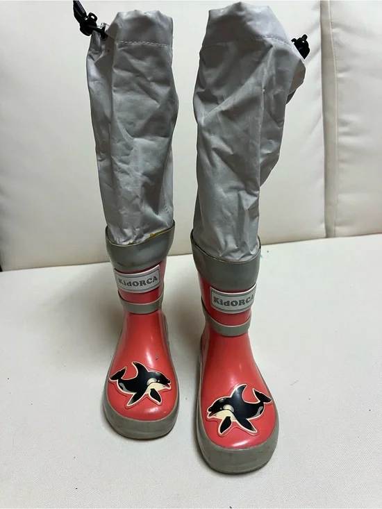 Coral-Red Kids Waterproof Rain & Snow Boots with Grey Gaiters