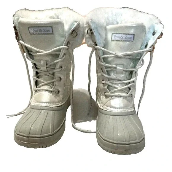 Eva & Zoe Elsie Girl Snow Boots Fur Lace Up‎ White Water Resistance 1Y