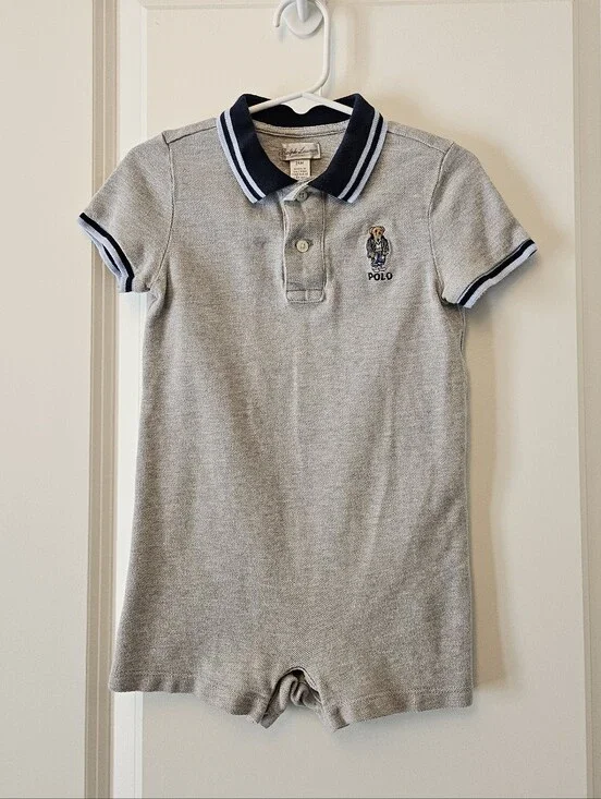 Ralph Lauren Gray Polo Romper with Navy Trim 24m