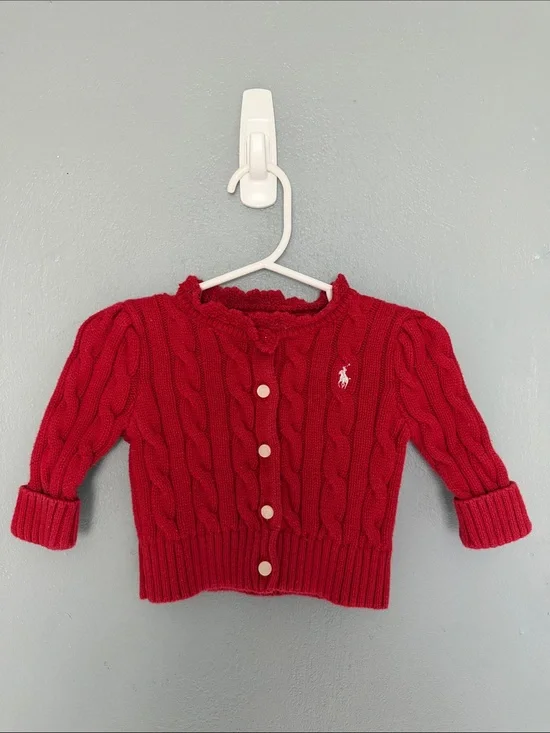 Polo Ralph Lauren Baby Girl Holiday Red Cable-Knit Cotton Cardigan 3 Months