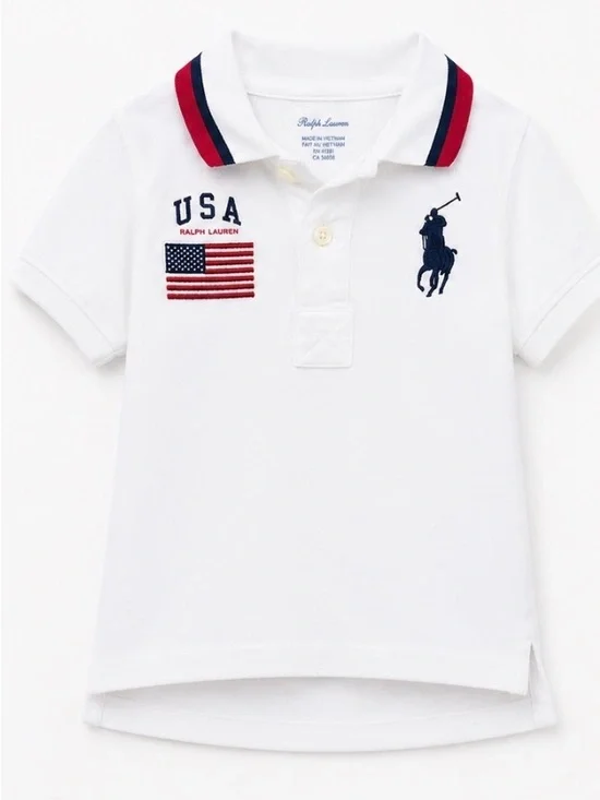 Ralph Lauren White Polo with Red & Navy Trim and USA Patch