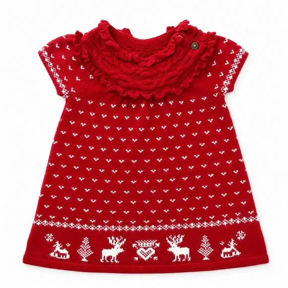 Ralph Lauren Dress Size 18 mo. Baby Red White Reindeer Holidays Christmas Knit