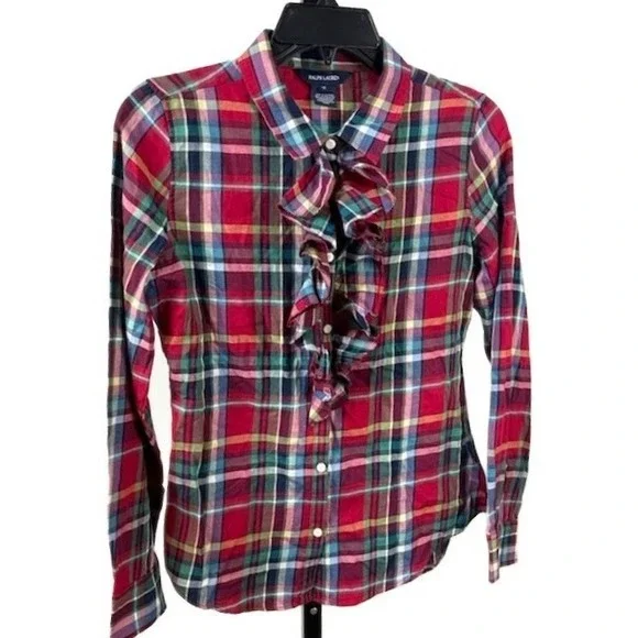Ralph Lauren Girl's Plaid Blouse Size‎ 16 Multicolor Ruffle Front Long Sleeve