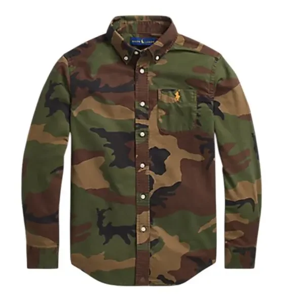 Boys Size Medium (10-12) Ralph Lauren Camo Cotton Oxford Long Sleeve Shirt