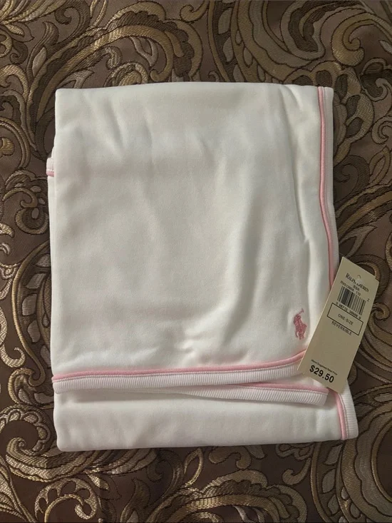 Ralph Lauren White Baby Blanket with Pink Trim and Pony Logo