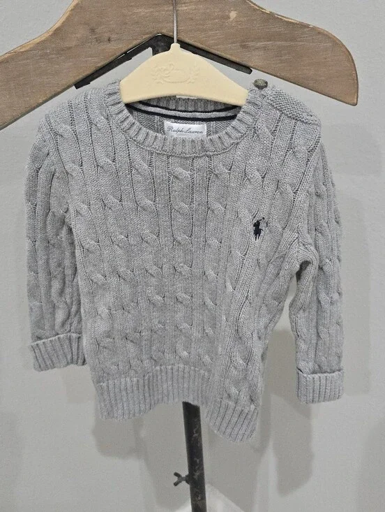 Ralph Lauren Light Gray Cable Knit Crewneck Sweater 24 Months