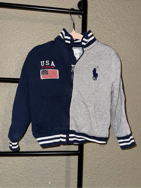 Ralph Lauren Kids USA Flag Zip Hoodie in Navy & Heather Gray
