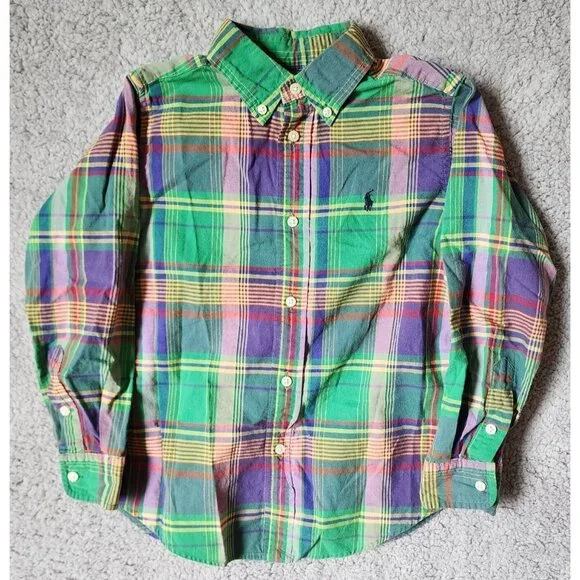 Ralph Lauren Green Plaid Button Down Long Sleeve Polo Shirt Youth Size 6 Cotton‎