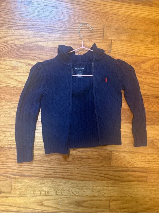 Ralph Lauren Girls Navy Cable Knit Zip Hoodie Cardigan