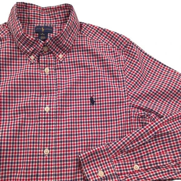 Ralph Lauren Button Down Long Sleeve Shirt Red White Blue Plaid‎ Boys Youth XL