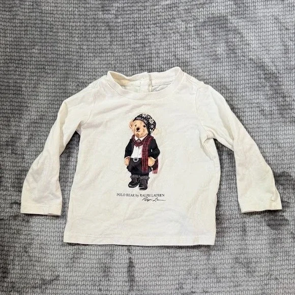 Ralph Lauren Polo Bear Kids Long Sleeve T-Shirt Off White Cream Size 9M 9 Months
